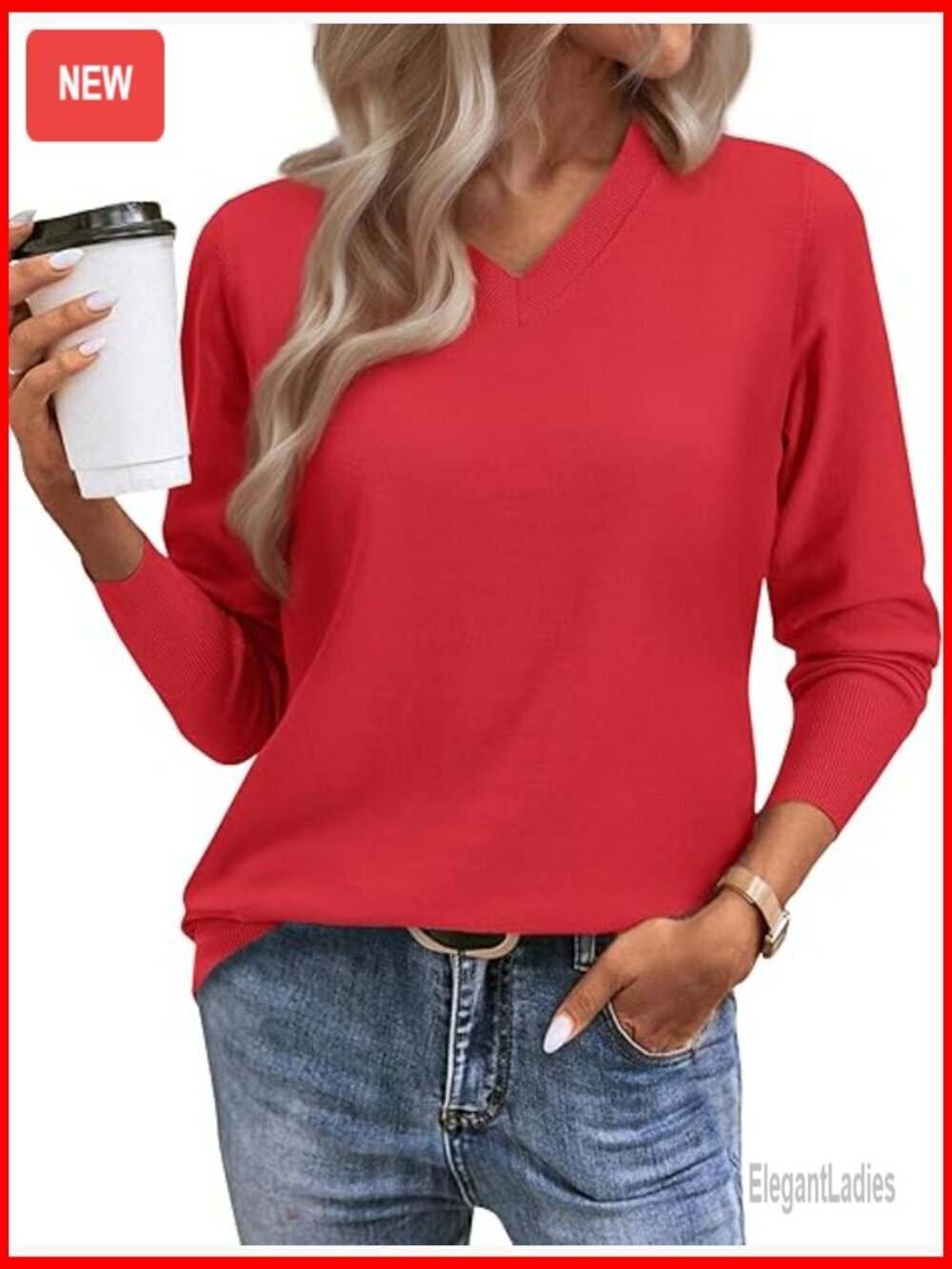 Lightweight V-Neck Pullover Sweater, Long Sleeve Ribbed Knit, Relaxed Fit